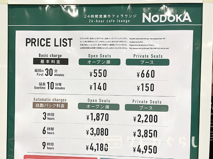 カフェラウンジ NODOKA・一般料金