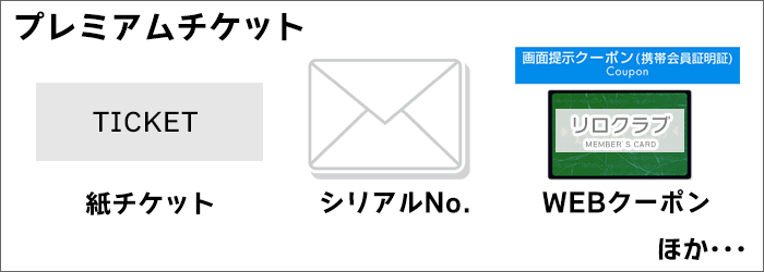 チケット：紙チケットや、電子チケット、WEBクーポンなど
