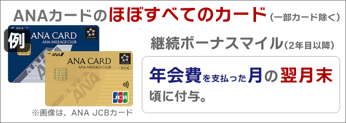 継続時のボーナスマイル：基本「年会費支払月の翌月末」に付与。