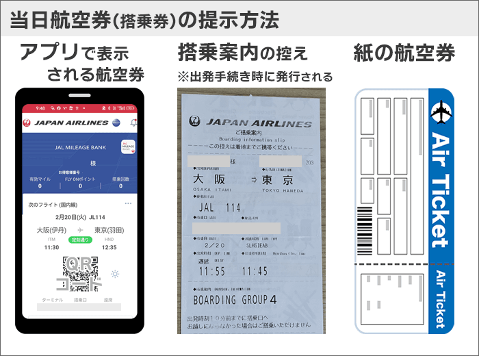 航空券(搭乗券)は、アプリ画面や、搭乗案内控えなど