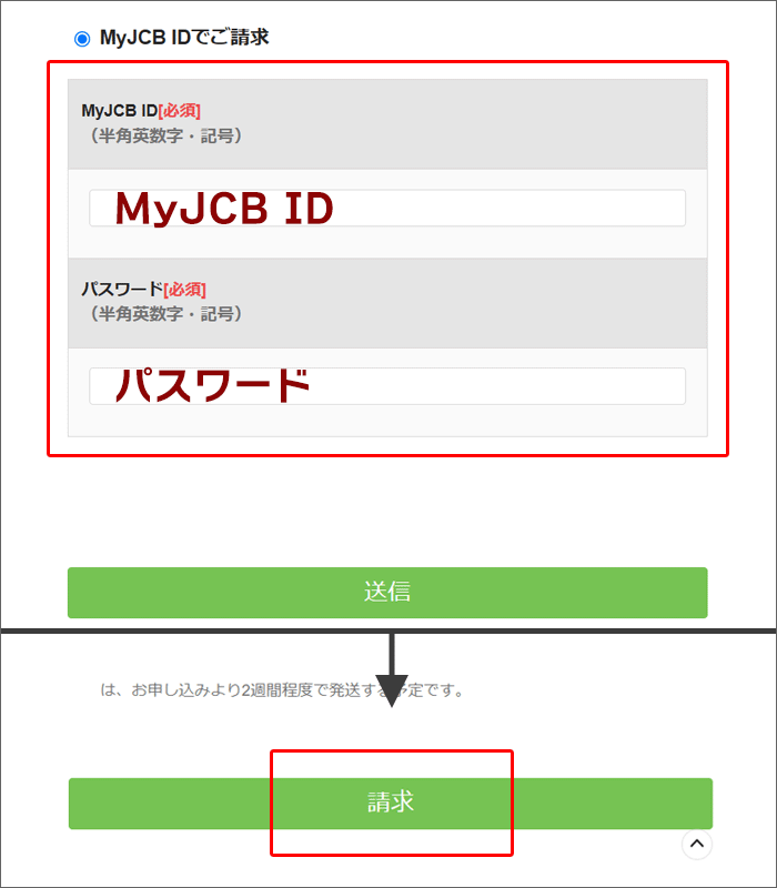 カレンダーの申し込みは「MyJCB」から。最終的に「請求ボタン」を押すと完了。