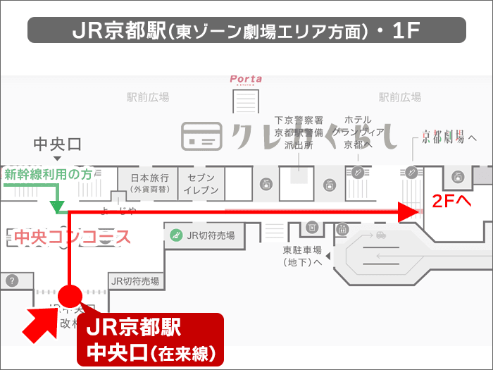 京都駅中央口(在来線)から、JCBラウンジ京都への行き方(マップ01)