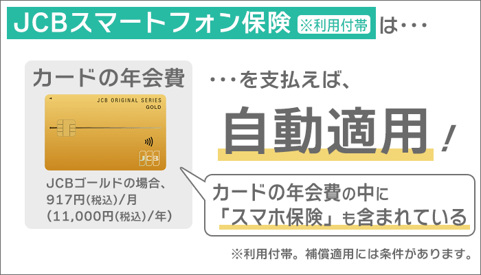 「JCBスマホ保険」は、カードの年会費を支払えば、自動適用。(利用付帯。補償適用には条件あり。)